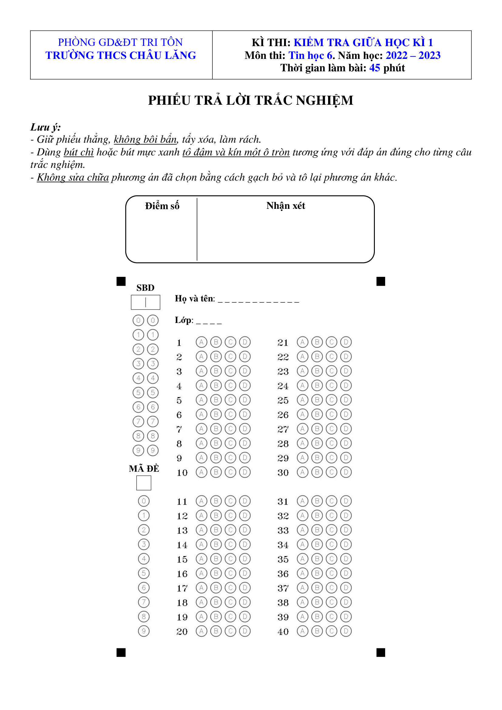 Phiếu chấm mẫu 40 câu - Form 40 (A5) (Sử dụng giấy A4)
